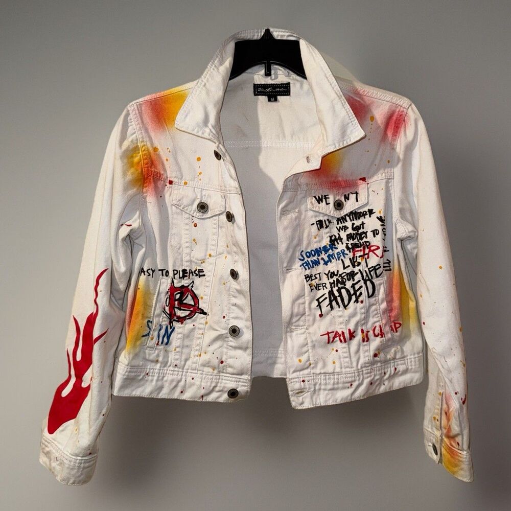 Touch Me Painted Graffiti Flame White Denim Jacket Punk Grunge Streetwear M